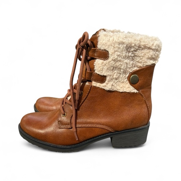 BearPaw Brown Lace Up Booties with  Fur Trim Size 7/8 - Picture 1 of 2